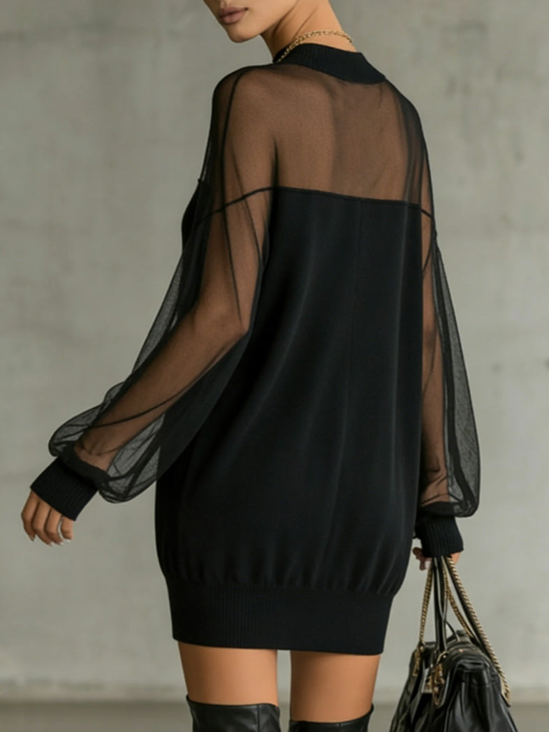 Black Sheer Mesh Sleeve High-Neck Mini Dress