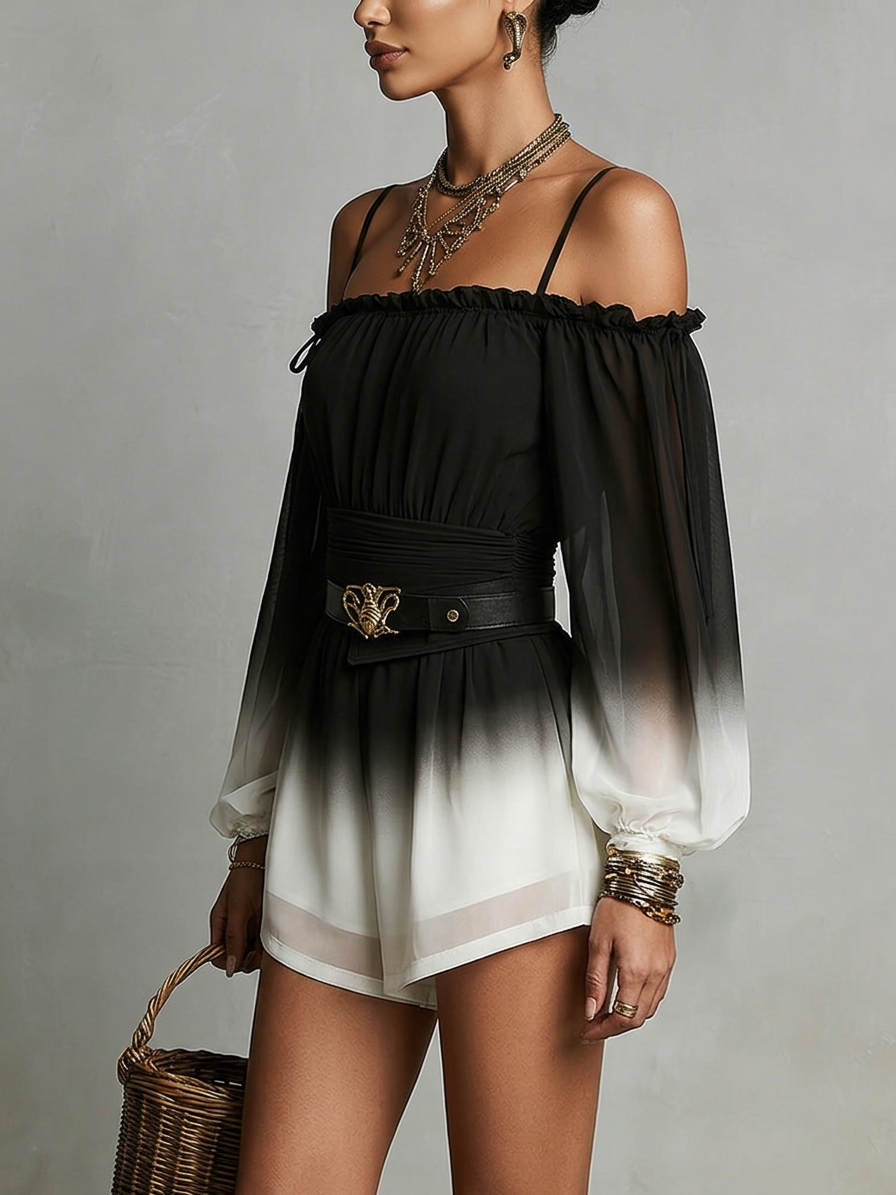 Chiffon Gradient Jumpsuit Black and White with Off-Shoulder Design (with belt)