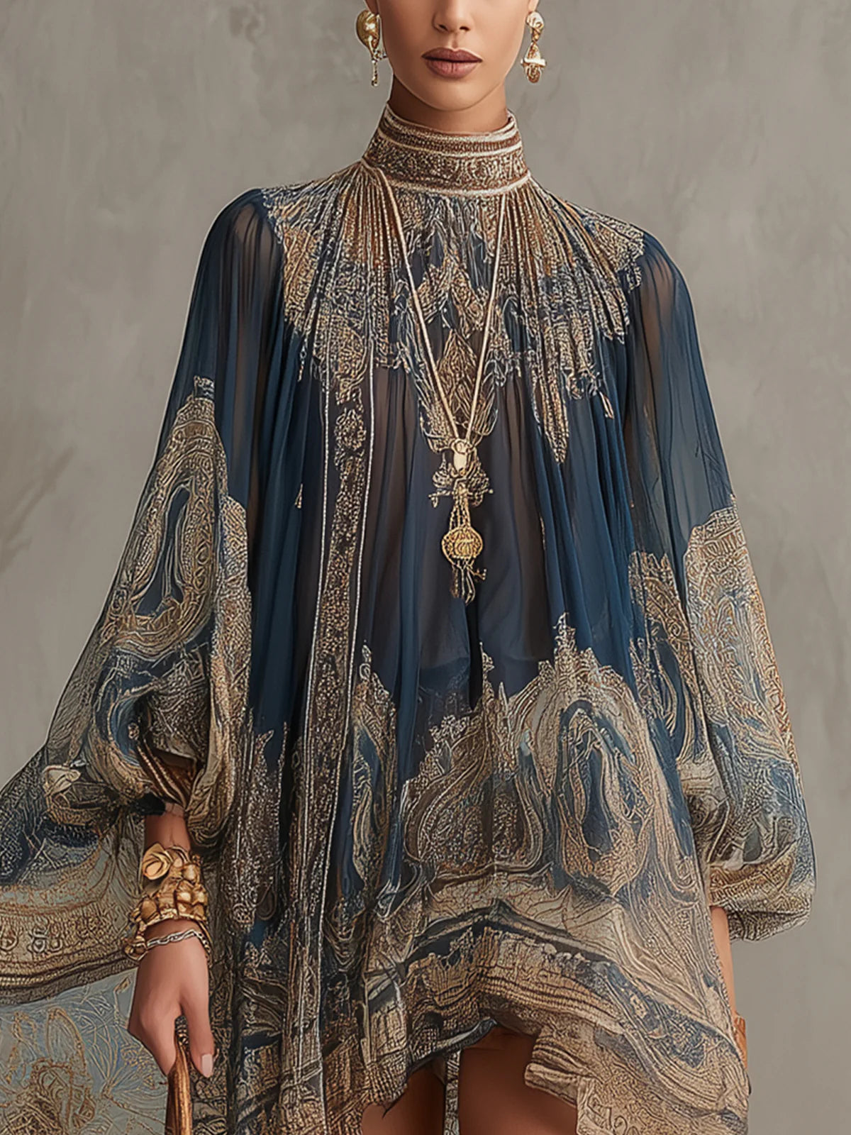 Marianna - Mini dress in navy blue chiffon with golden baroque print