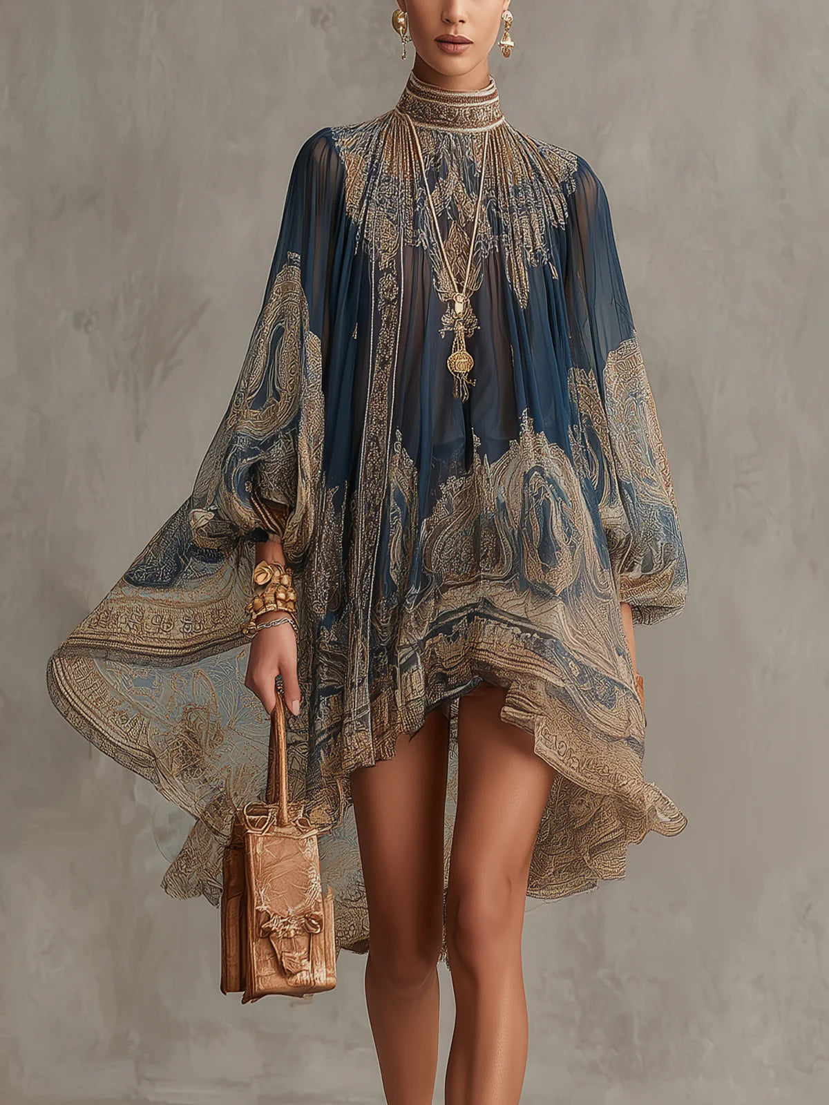 Marianna - Mini dress in navy blue chiffon with golden baroque print