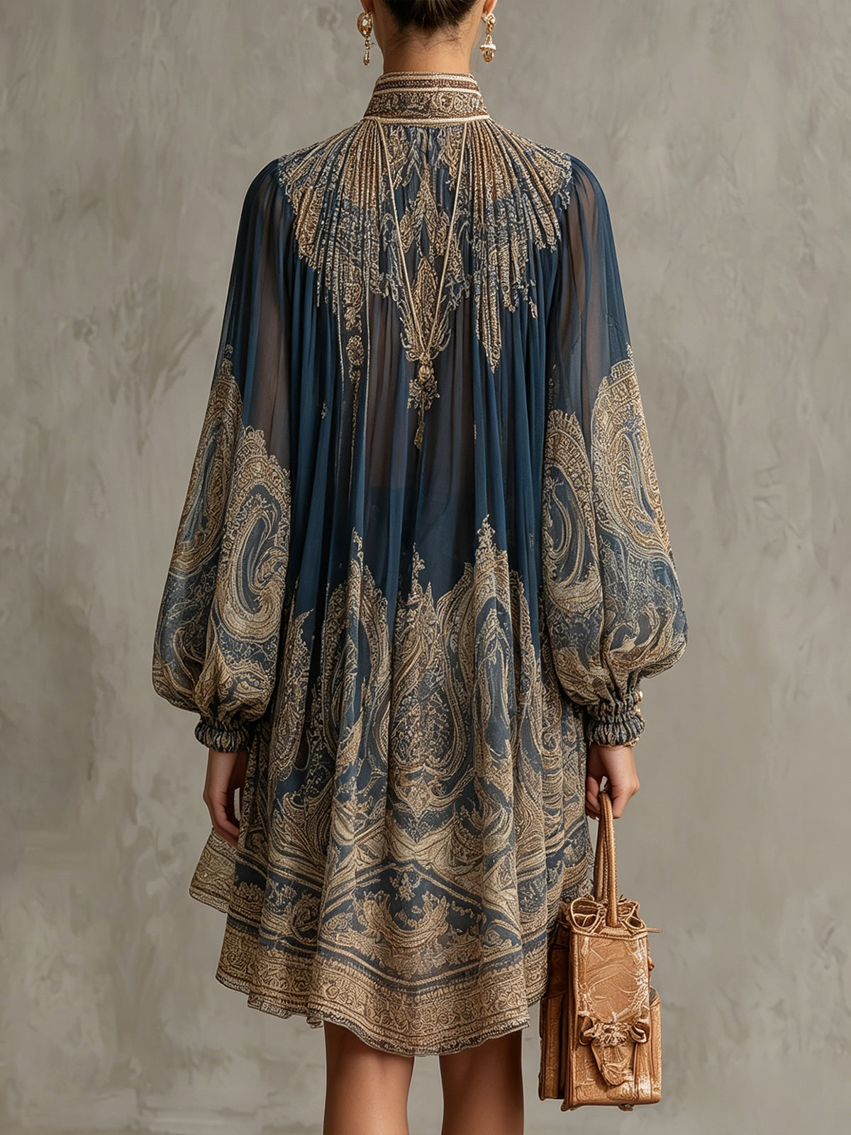 Irregular Chiffon Mini Dress with Navy Blue Baroque Print and High Collar
