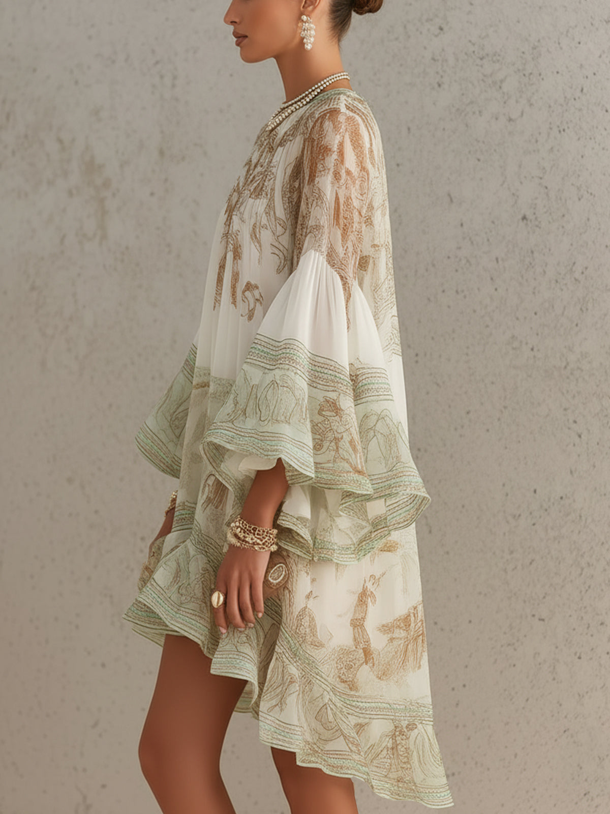 Mini Chiffon Dress with Ruffled Sleeves and Striped Hem in Green