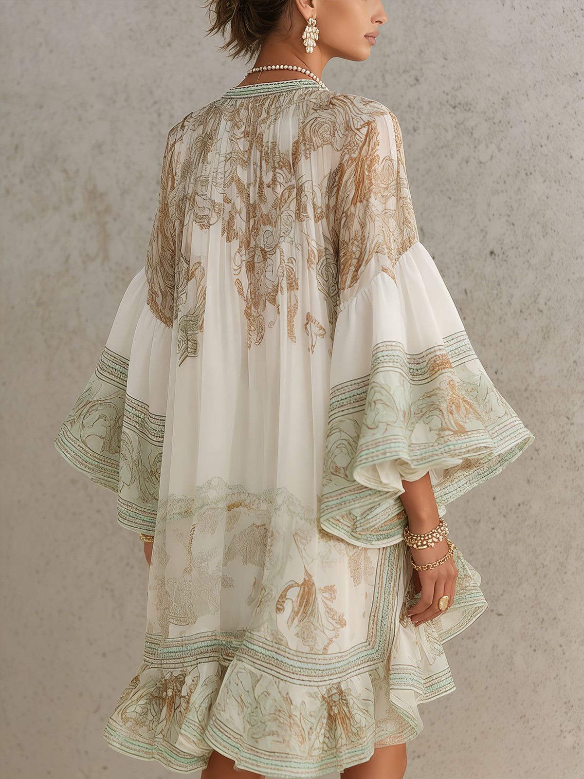 Mini Chiffon Dress with Ruffled Sleeves and Striped Hem in Green