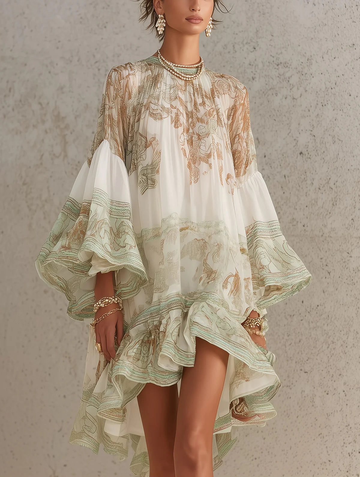 Mini Chiffon Dress with Ruffled Sleeves and Striped Hem in Green