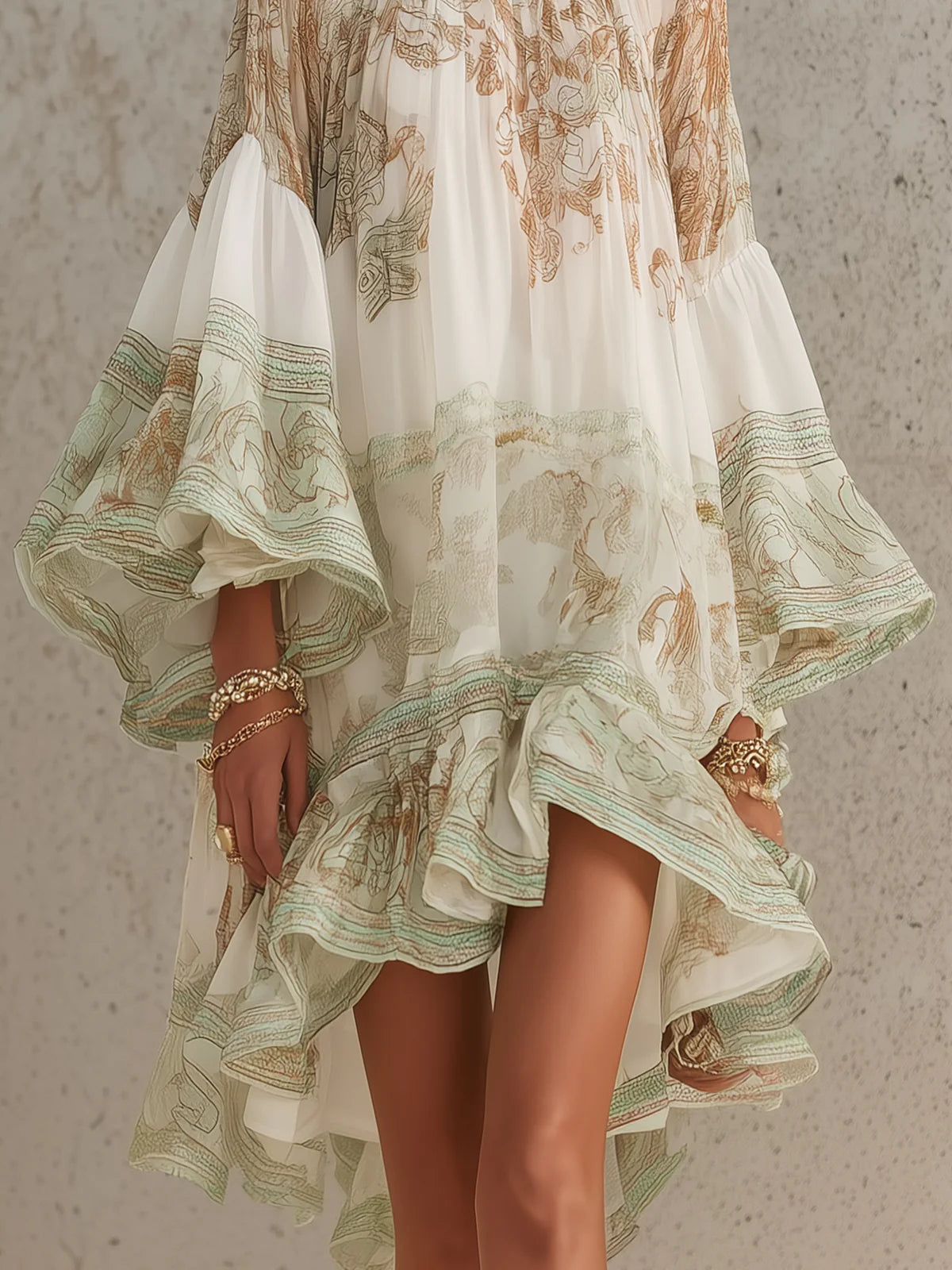 Mini Chiffon Dress with Ruffled Sleeves and Striped Hem in Green