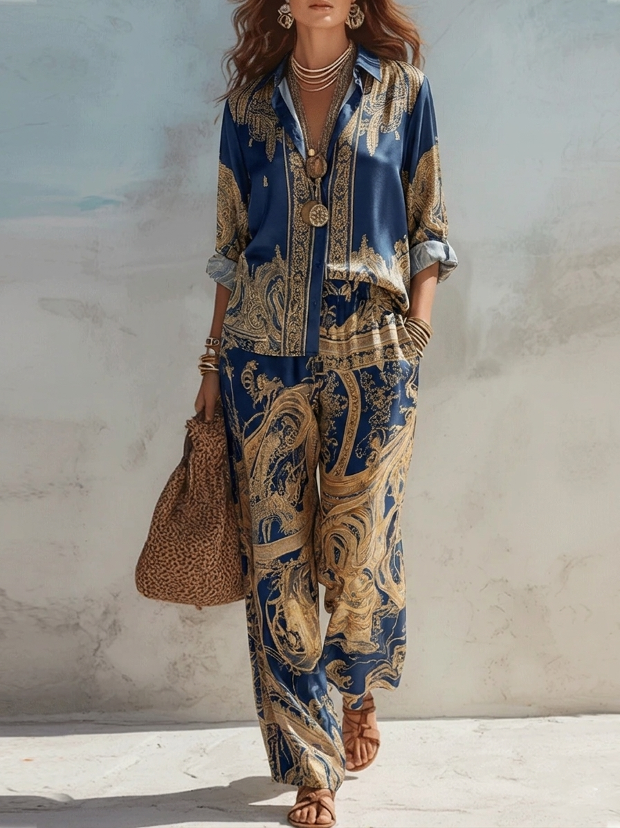 Ella | Baroque Print Shirt and Wide-Leg Pants Set