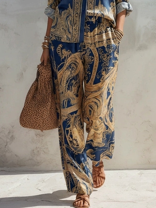 Ella | Baroque Print Shirt and Wide-Leg Pants Set