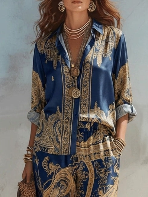 Ella | Baroque Print Shirt and Wide-Leg Pants Set