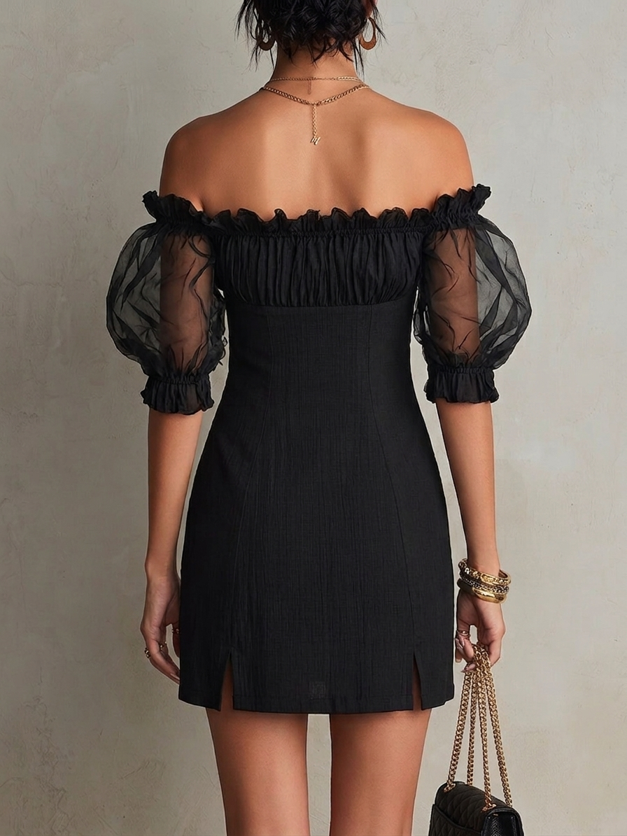 Black Mini Dress with Off-Shoulder and Puff Sleeves with Studs