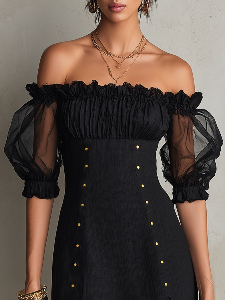 Black Mini Dress with Off-Shoulder and Puff Sleeves with Studs