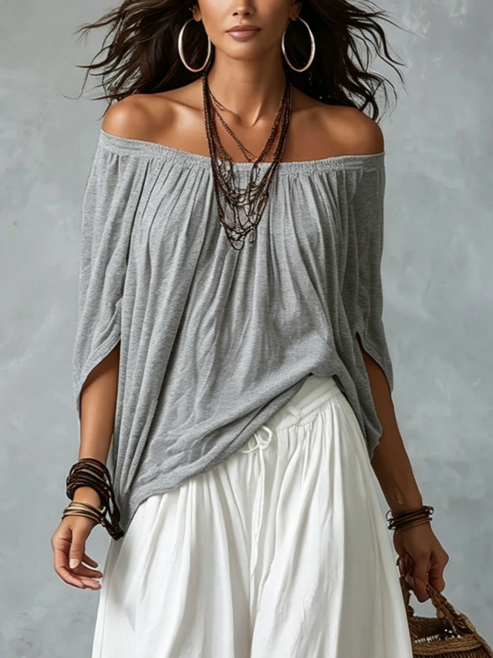 Emmah | Off-shoulder Top and Loose-fitting Lantern Pants Suit