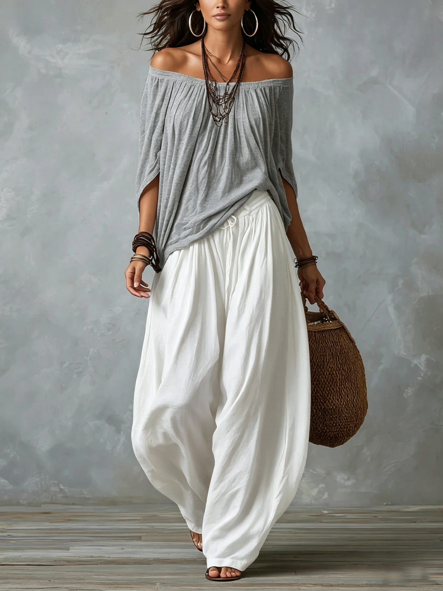 Emmah | Off-shoulder Top and Loose-fitting Lantern Pants Suit
