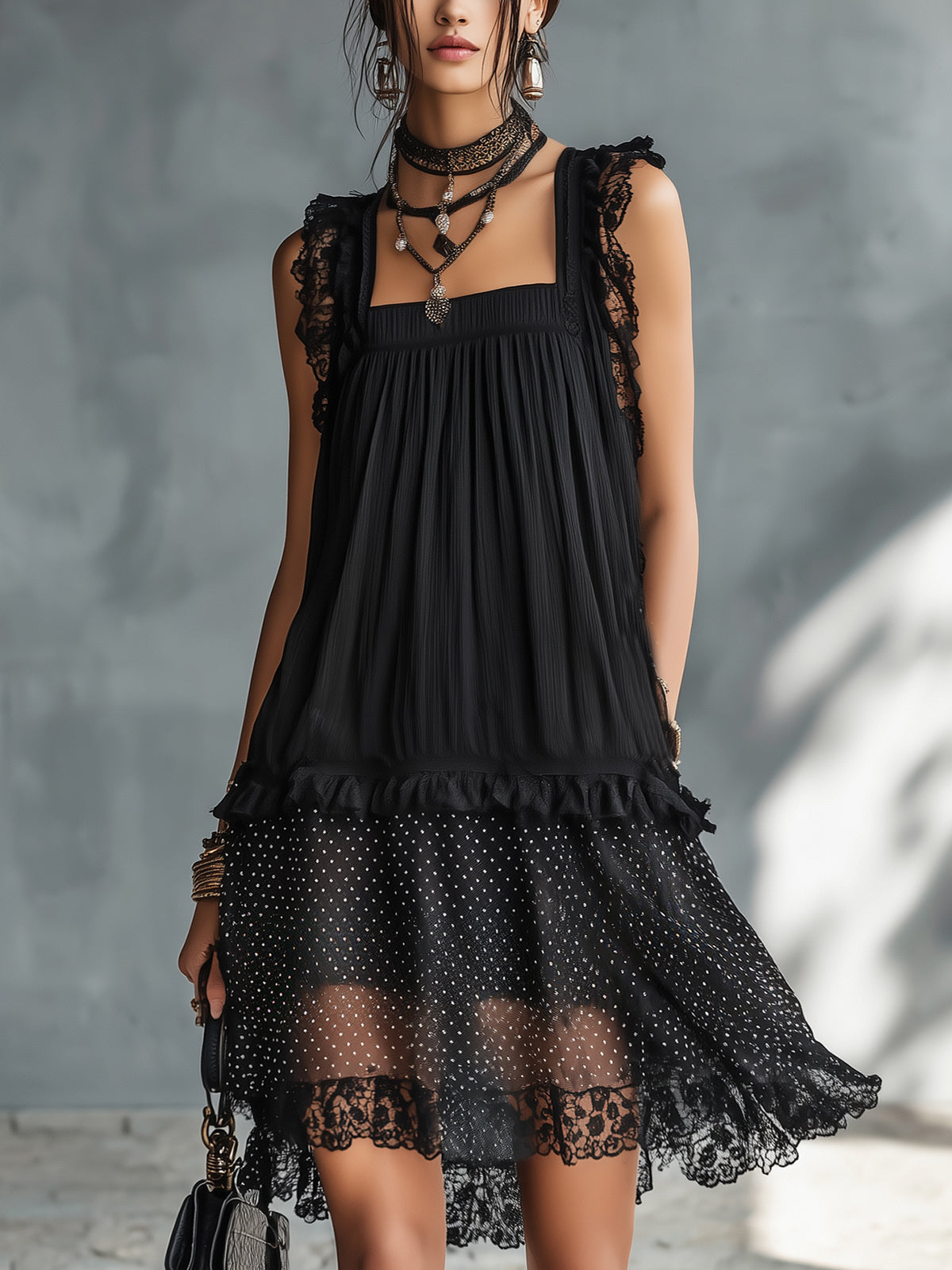 Transparent Polka Dot Mini Dress with Ruffles and Black Lace Trim