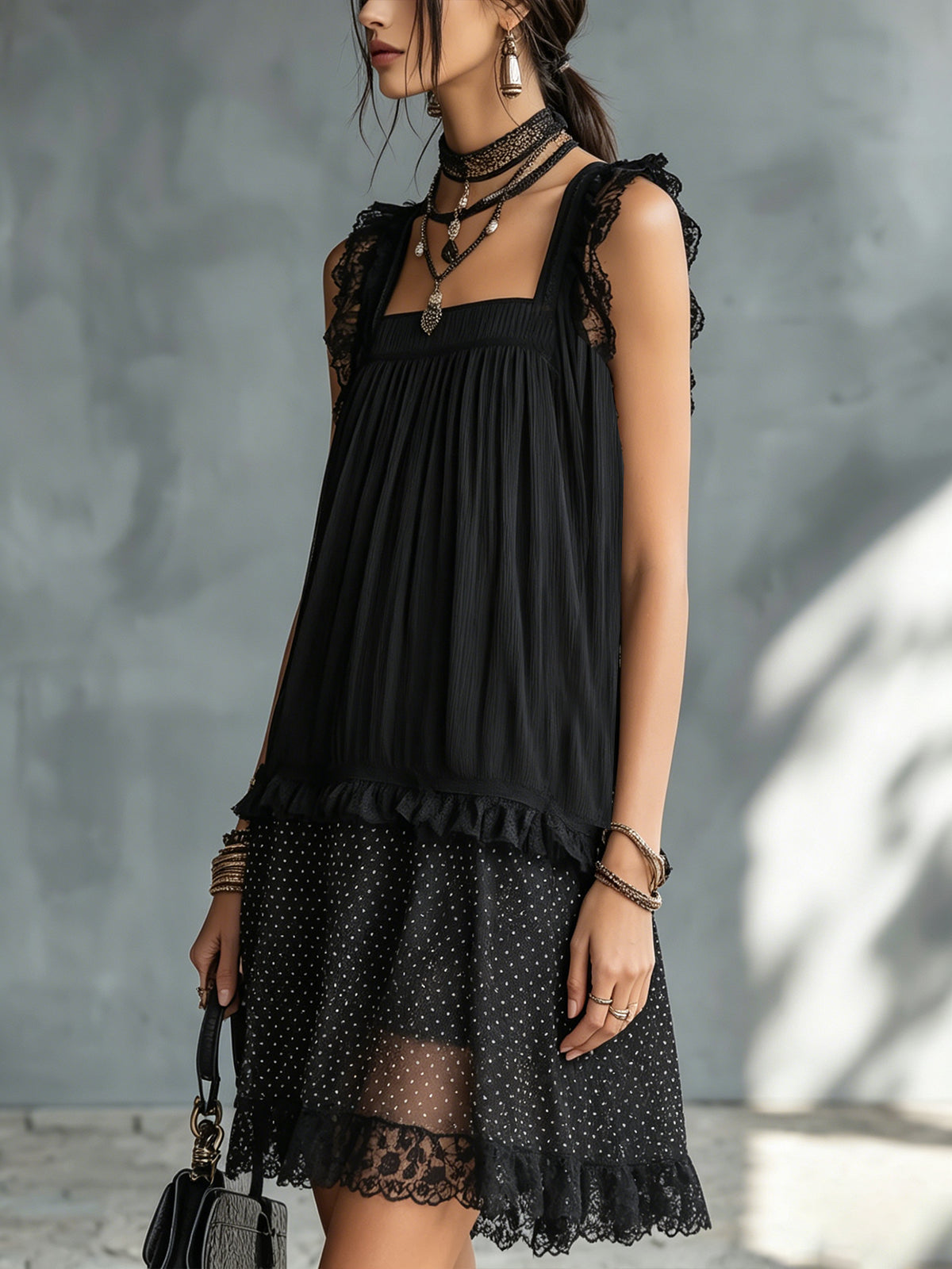 Transparent Mini Dress with Polka Dots, Ruffles, and Black Lace Trim