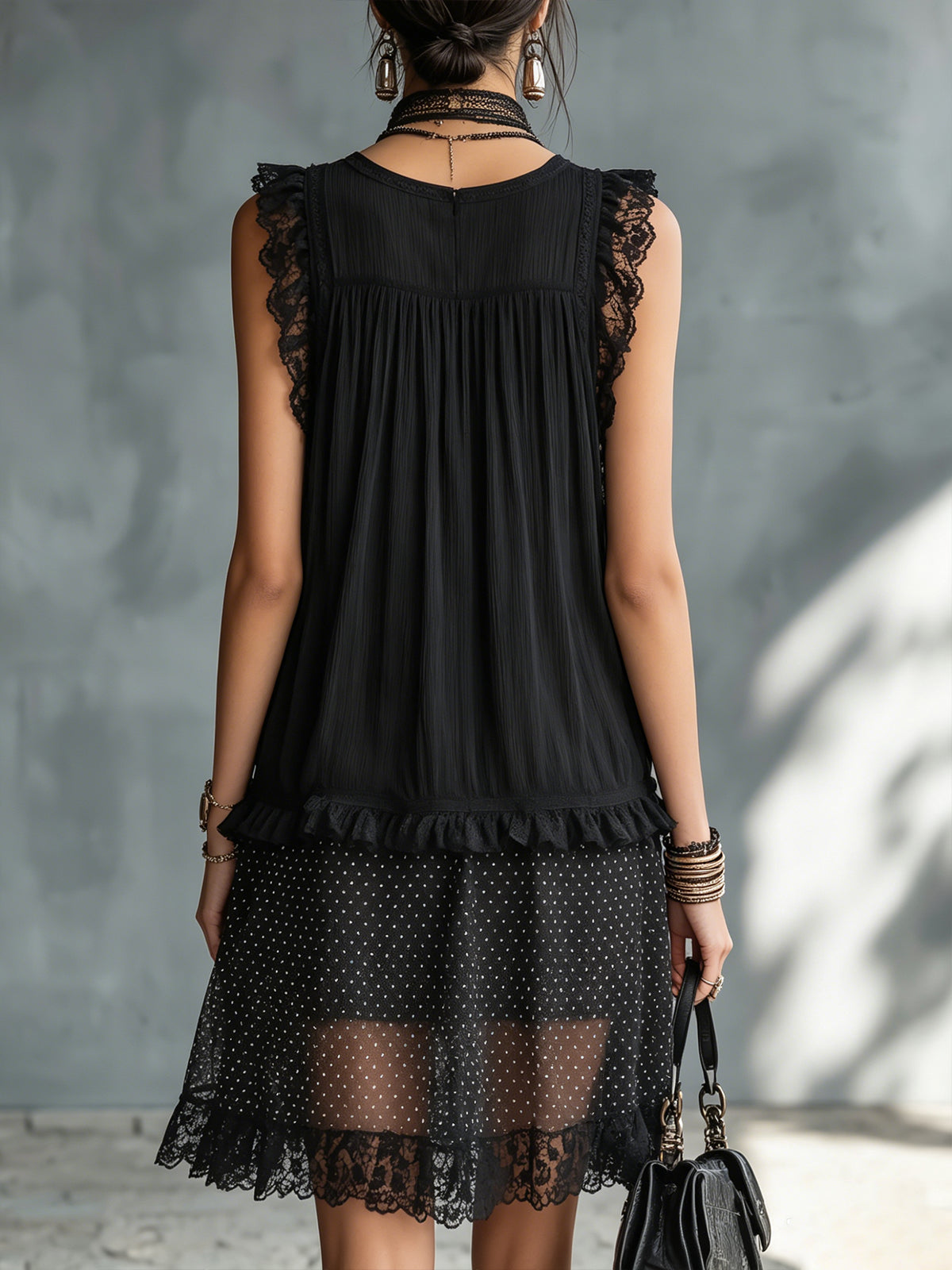 Transparent Polka Dot Mini Dress with Ruffles and Black Lace Trim