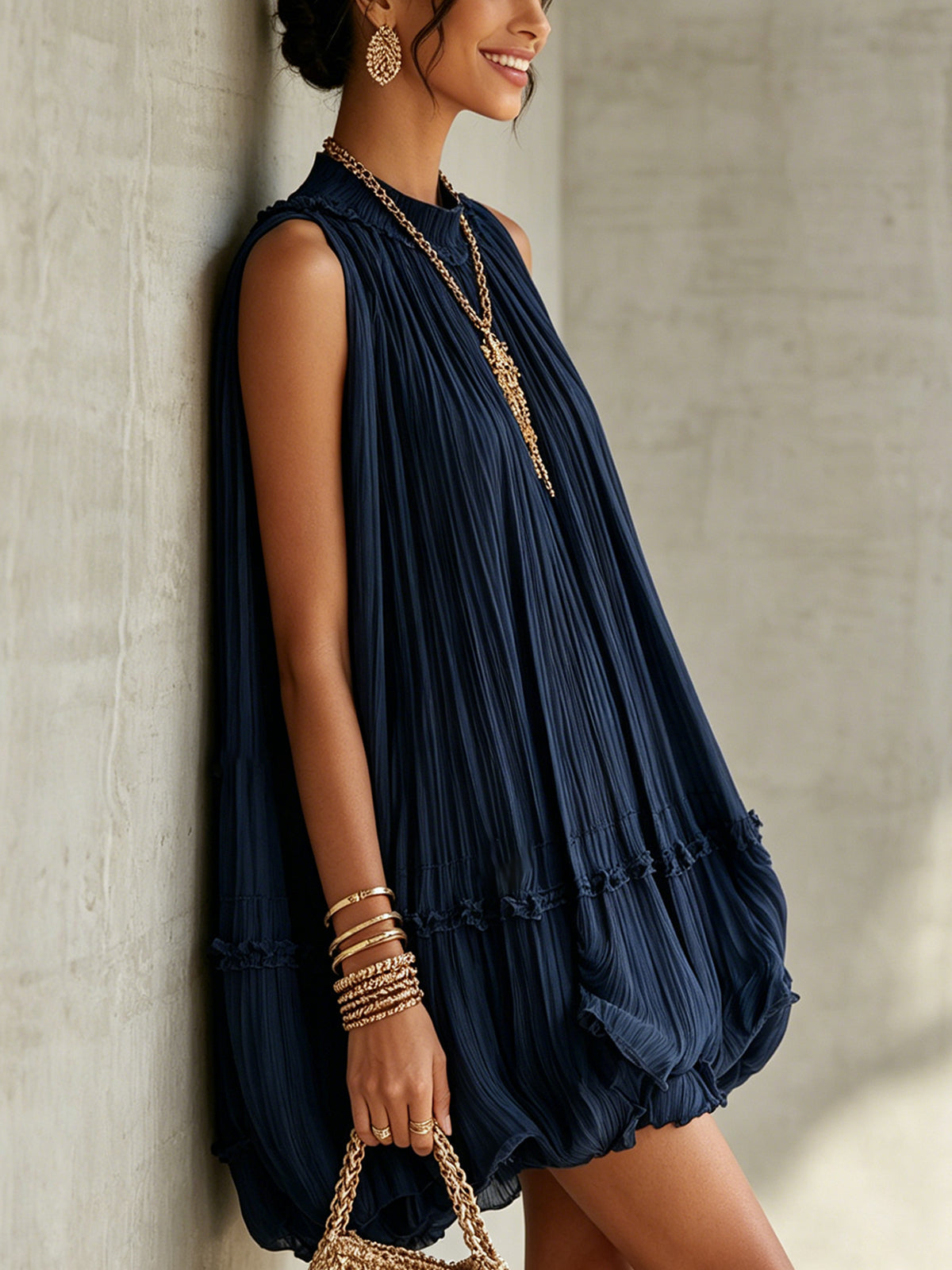 ELVENA™ | Midnight Blue Ruffle Midi Dress