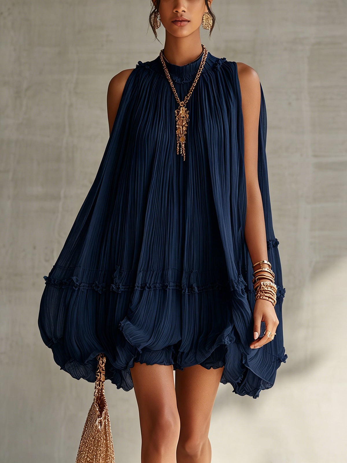 ELVENA™ | Midnight Blue Ruffle Midi Dress