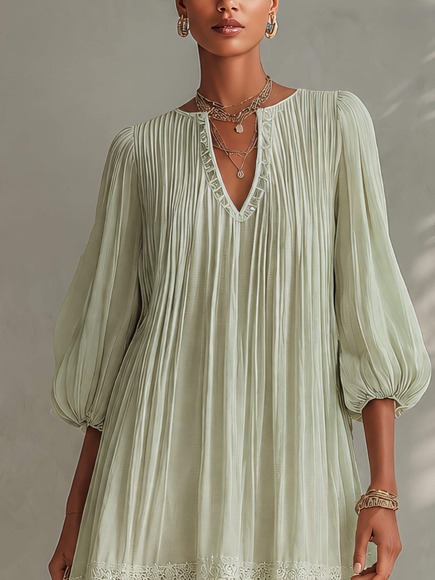 Light Green Pleated Chiffon Mini Dress with Lace Puff Sleeves