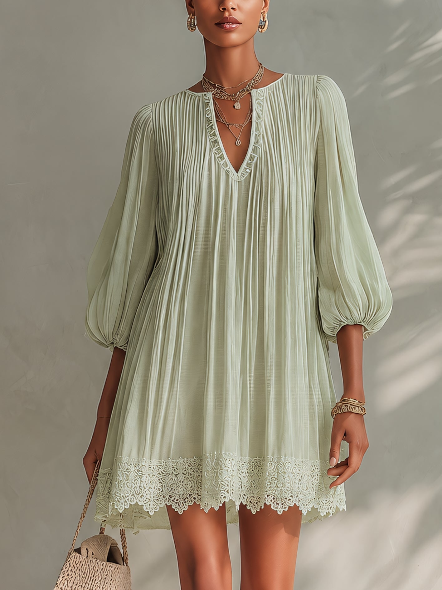 Light Green Pleated Chiffon Mini Dress with Lace Puff Sleeves
