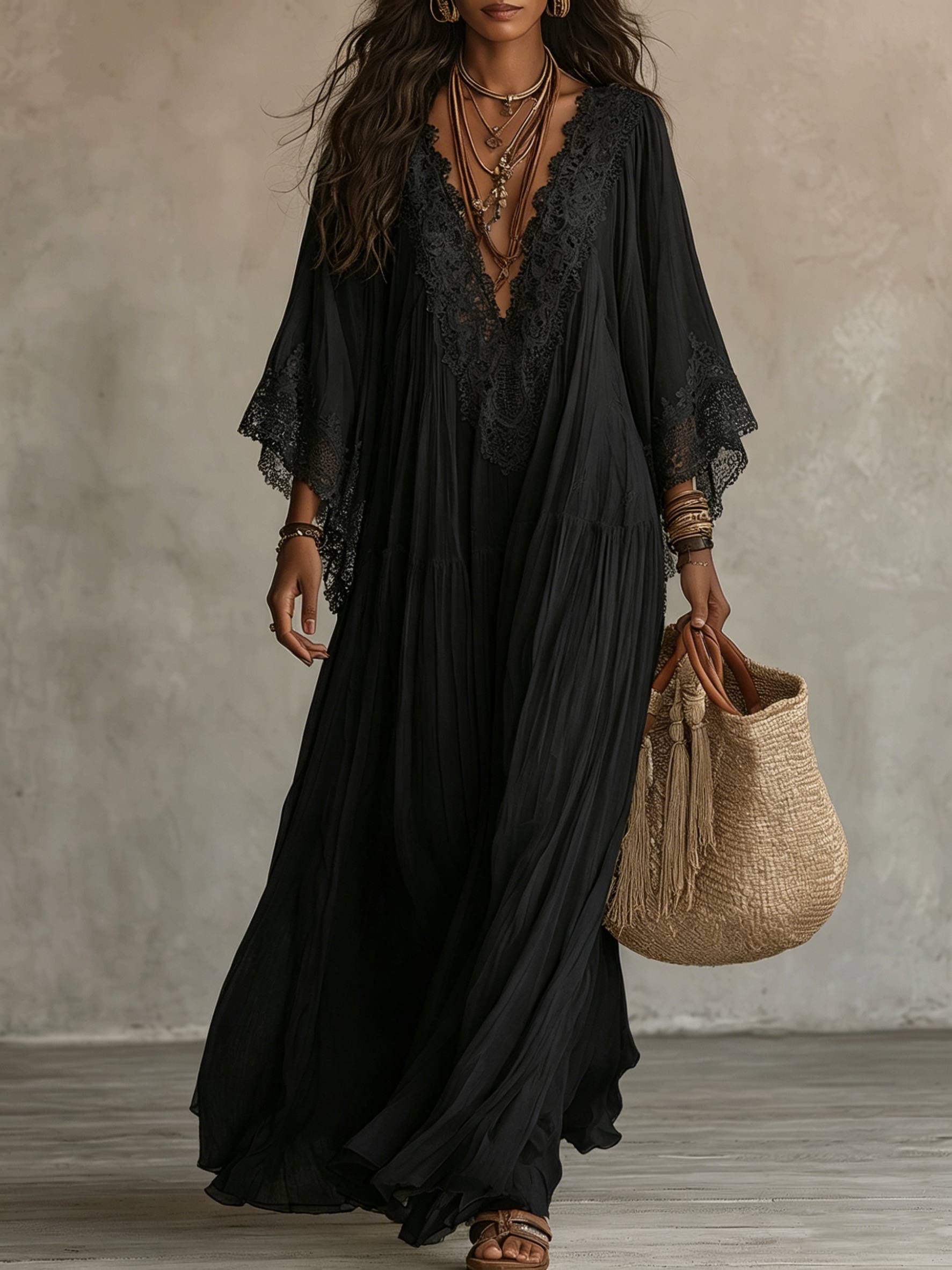 Ambra | Black V-Neck Maxi Dress with Batwing Sleeves