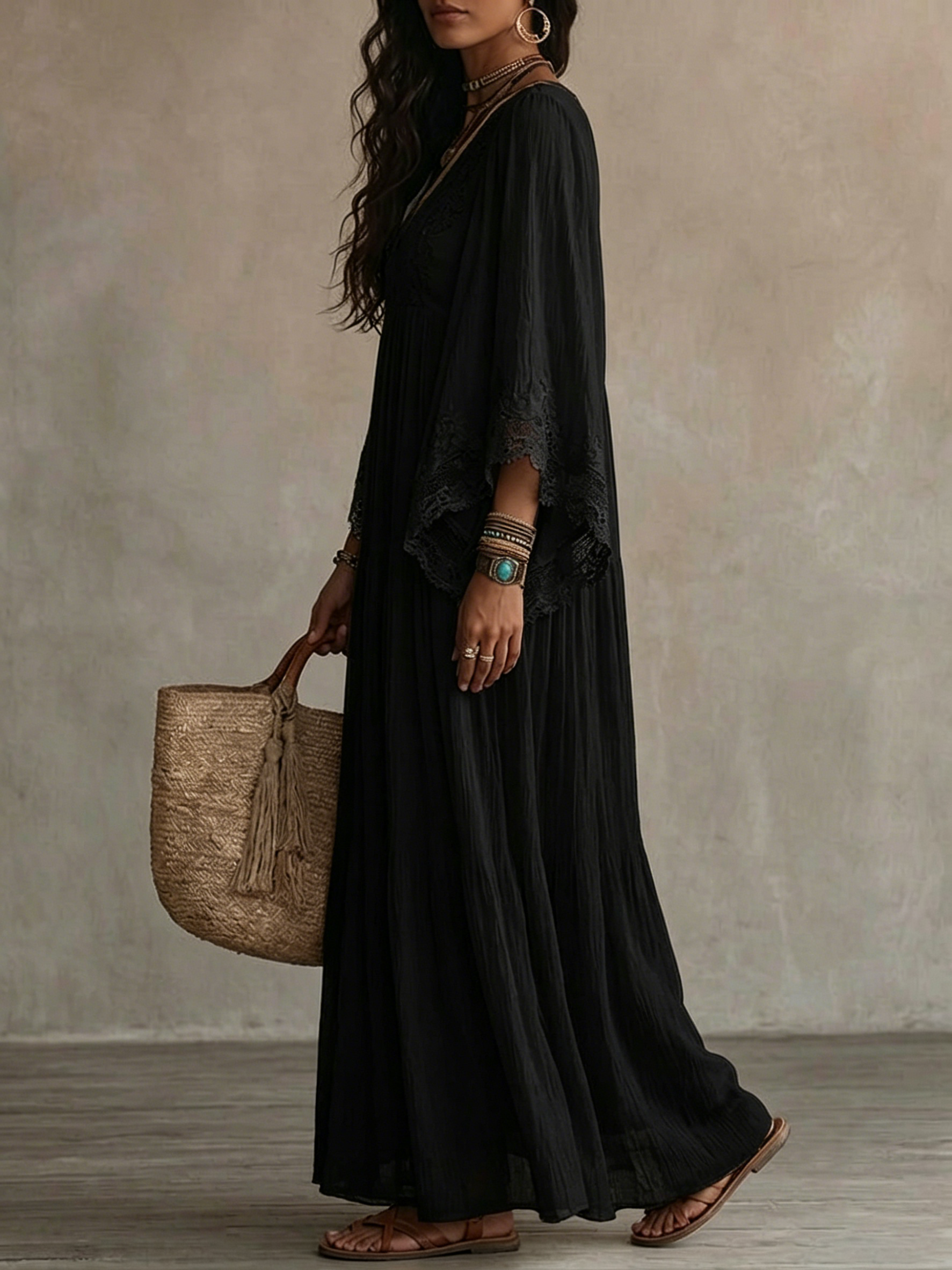 Ambra | Black V-Neck Maxi Dress with Batwing Sleeves