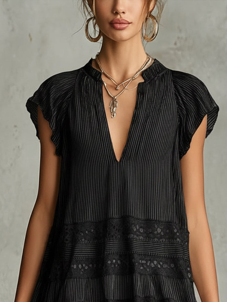 Striped Chiffon Mini Dress with Lace and Ruffles