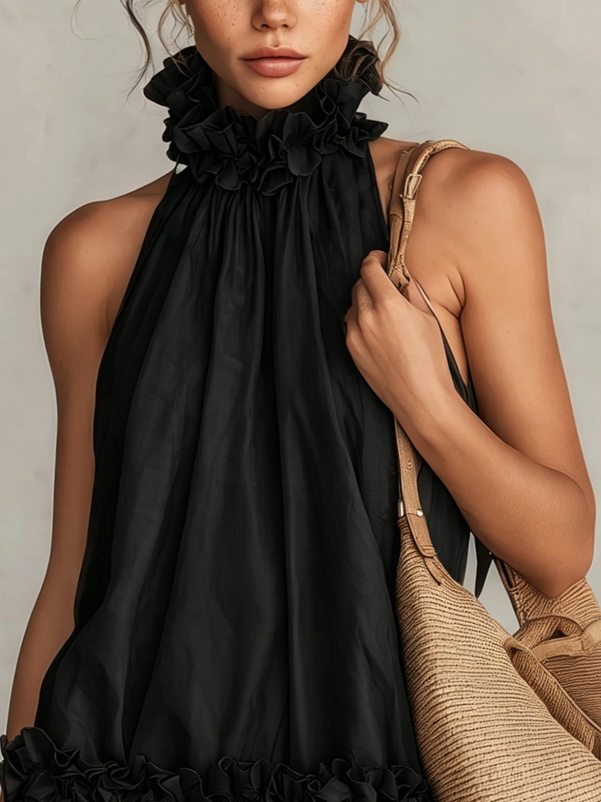 Black Chiffon Sleeveless Mini Dress with Ruffle Halter Neck