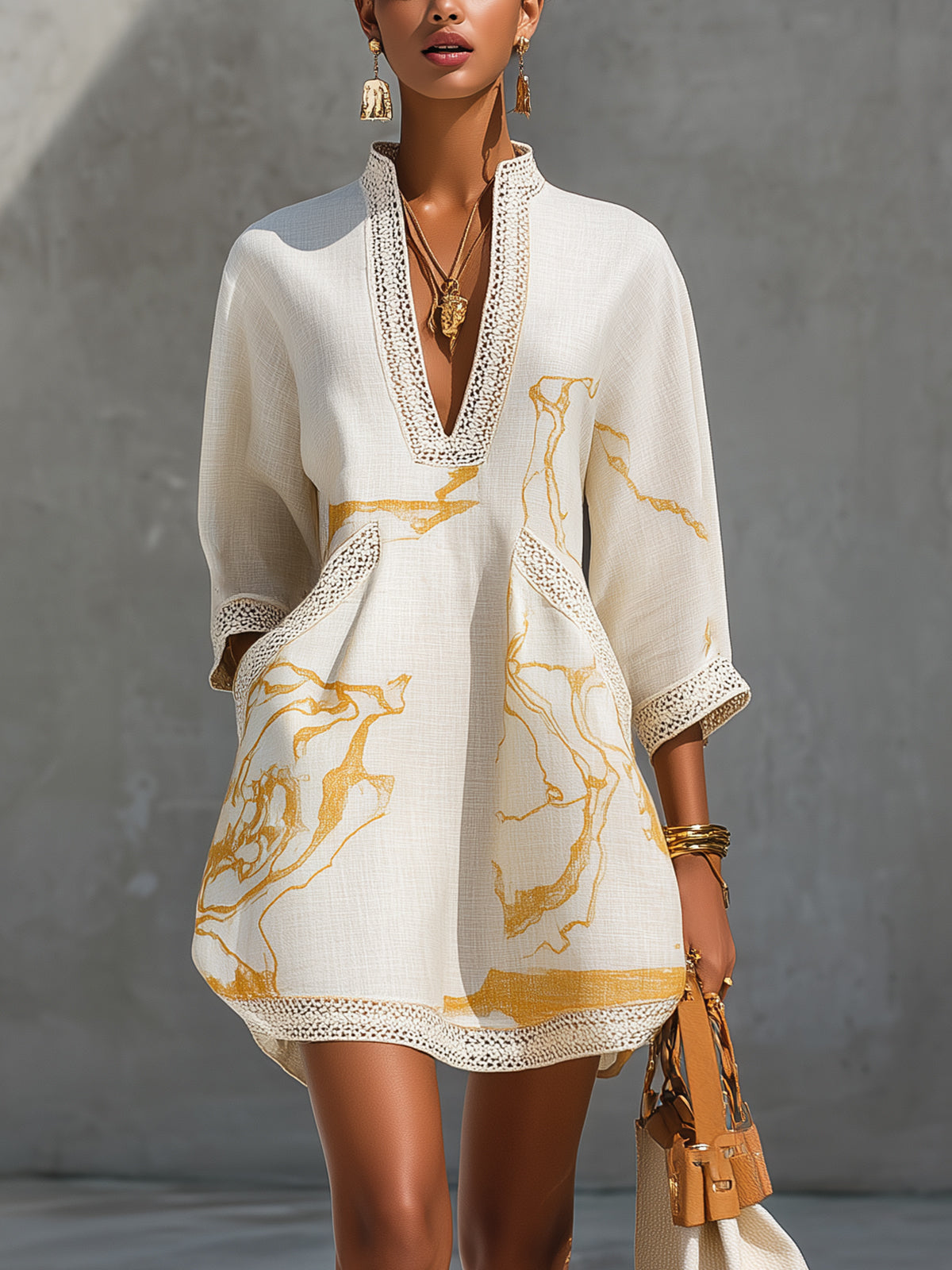 Ivory Gold Crochet Lace Mini Dress with V-Neck