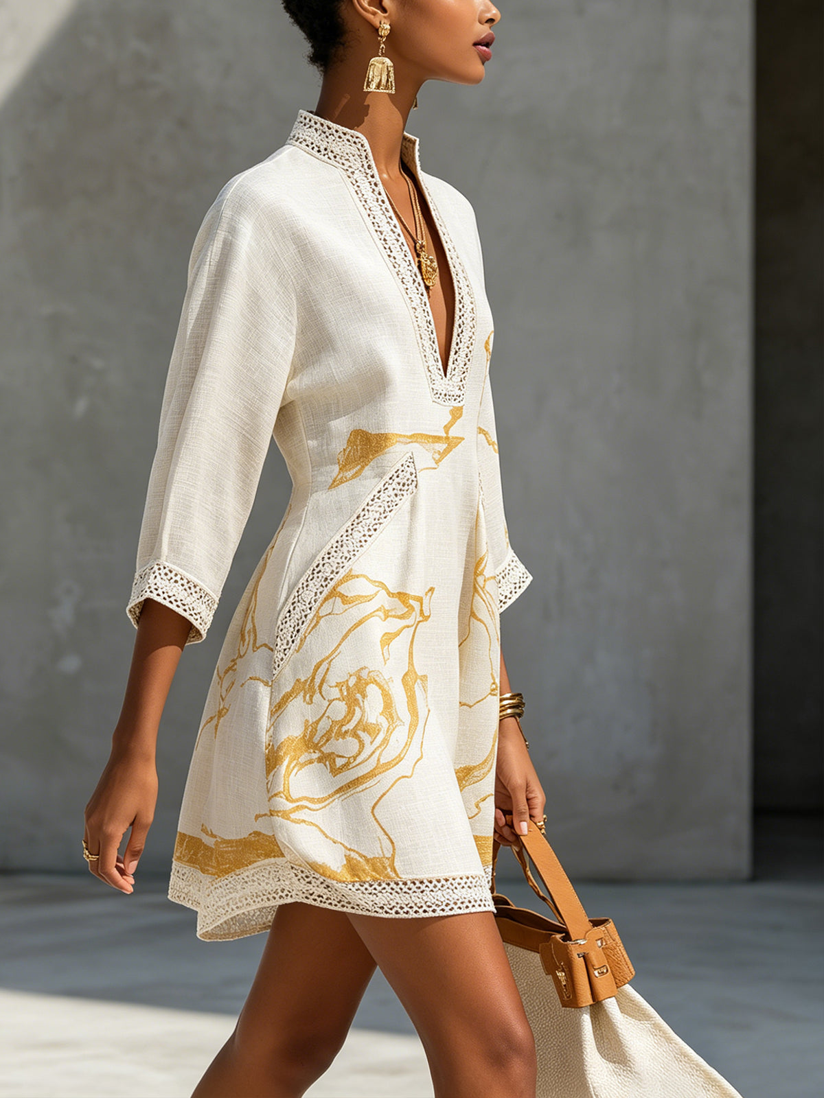 Ivory Gold Crochet Lace Mini Dress with V-Neck