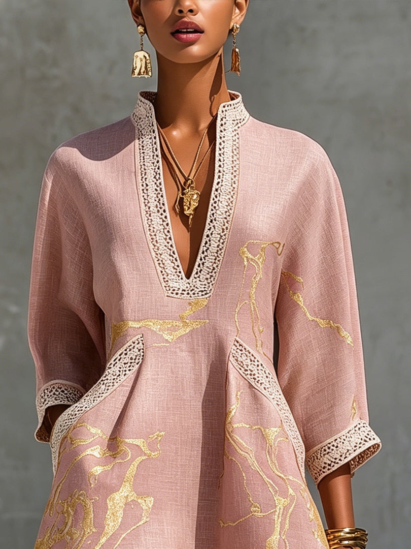 Mini Lace Crochet Dress with Deep V-Neck in Rose Gold