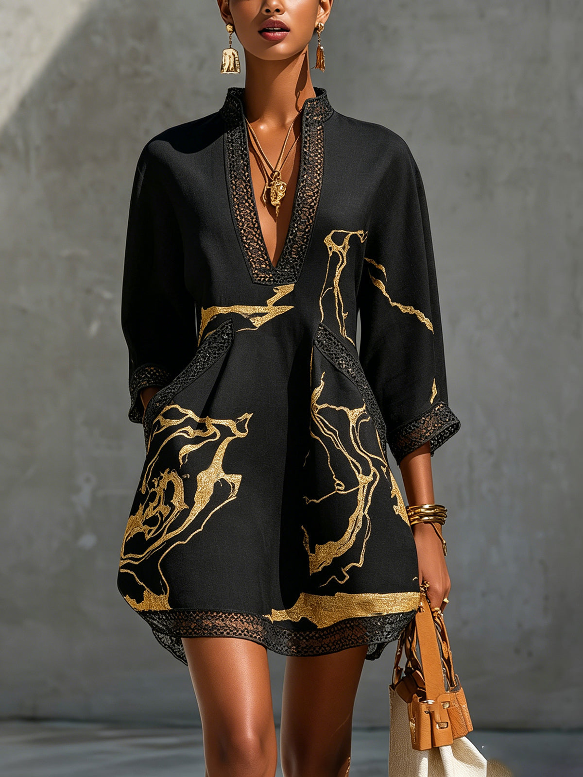 Mini Crochet Lace Dress with Black Gold V Print