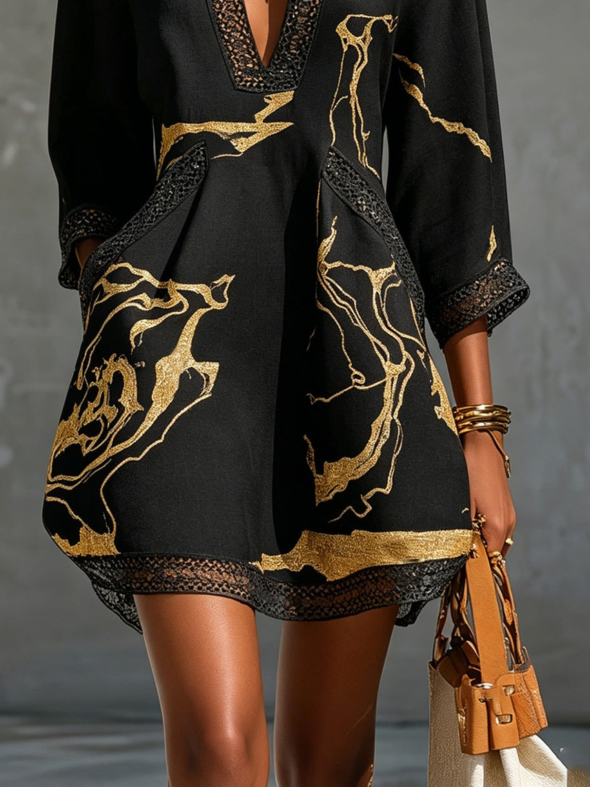 Mini Lace Dress with Black and Gold V Print