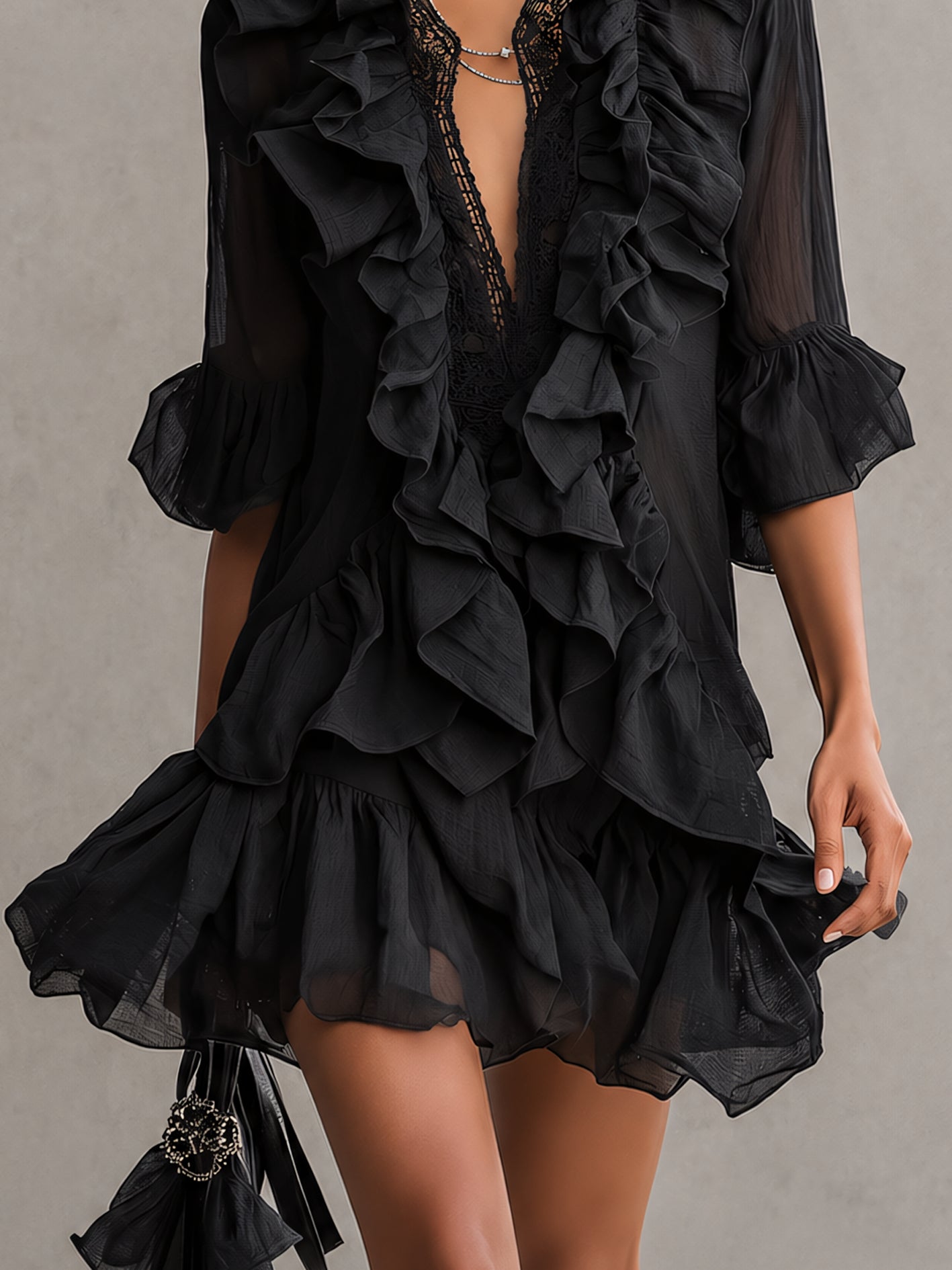Ruffled Chiffon Lace Mini Dress