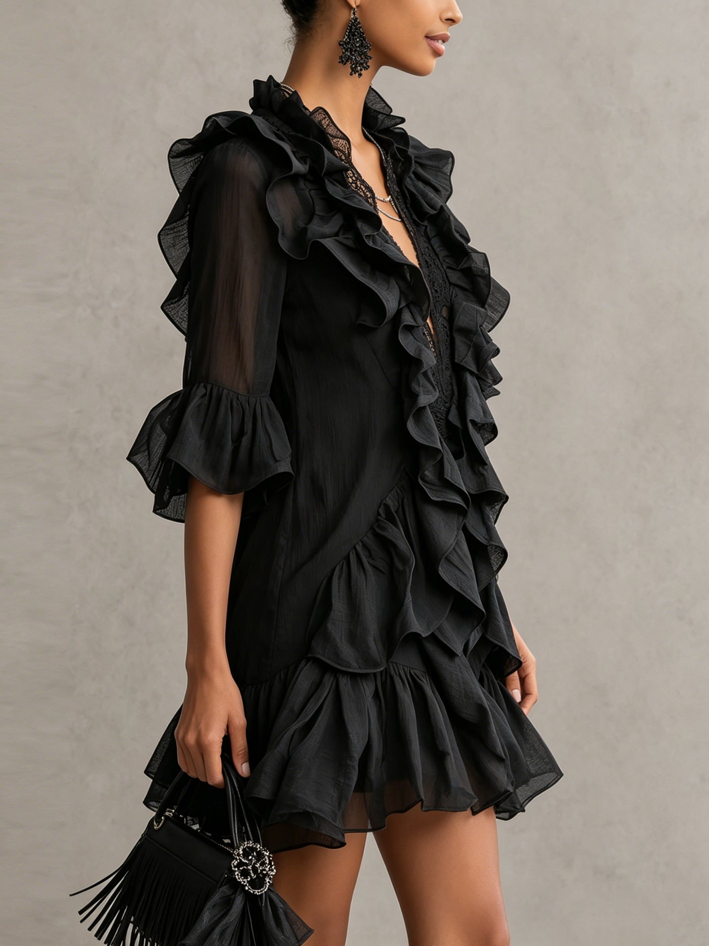 Ruffled Chiffon Lace Mini Dress