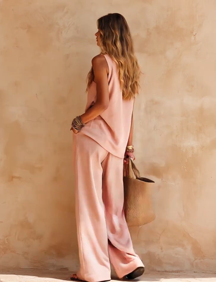 Ava | Pink One-Shoulder Sleeveless Top and Pants Set
