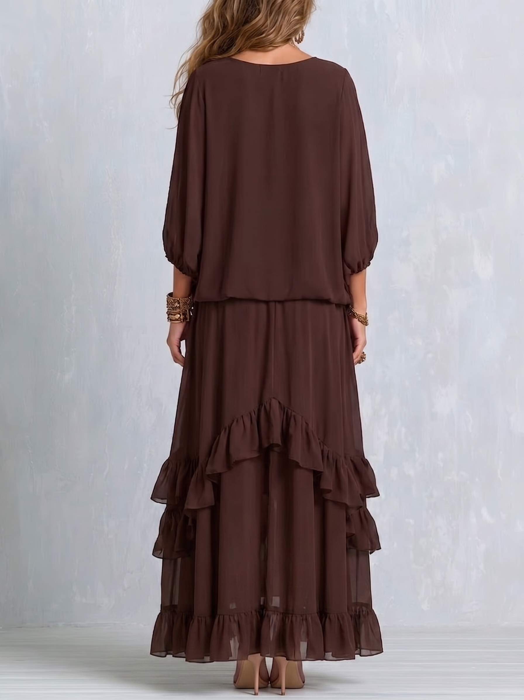 Brown Chiffon Tassel Drawstring V-neck Top Paired With A Ruffled Layered Skirt Set