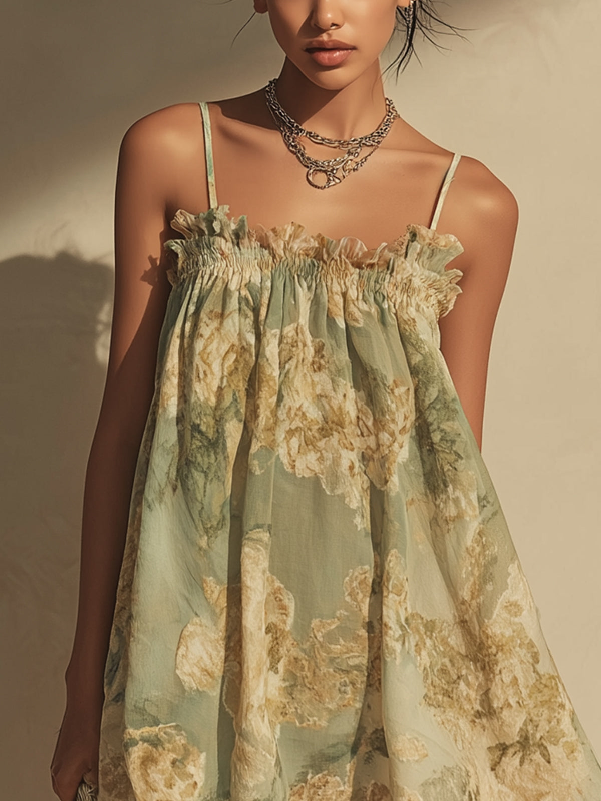 Irregular Chiffon Green Floral Dress with Ruffles
