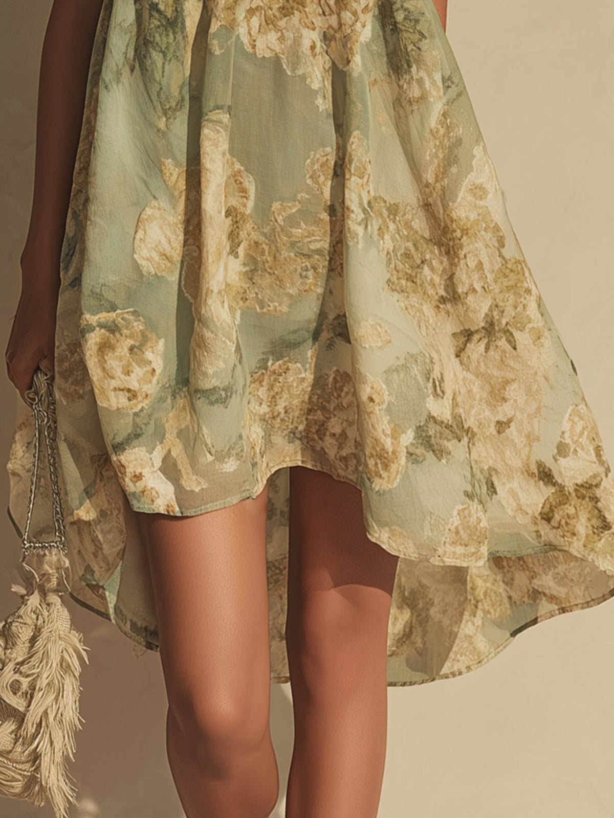 Irregular Green Floral Chiffon Dress with Ruffles