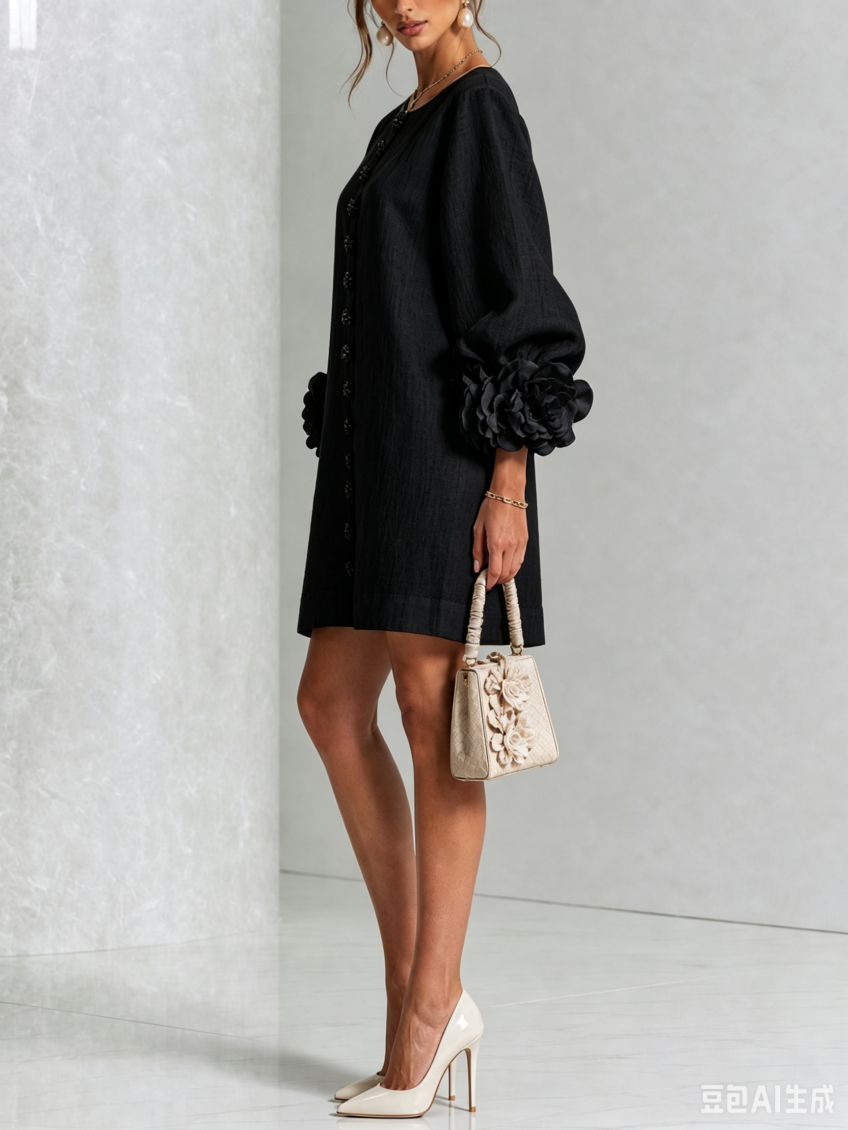 White Floral Button-down Mini Dress With Striking Floral Cuffs