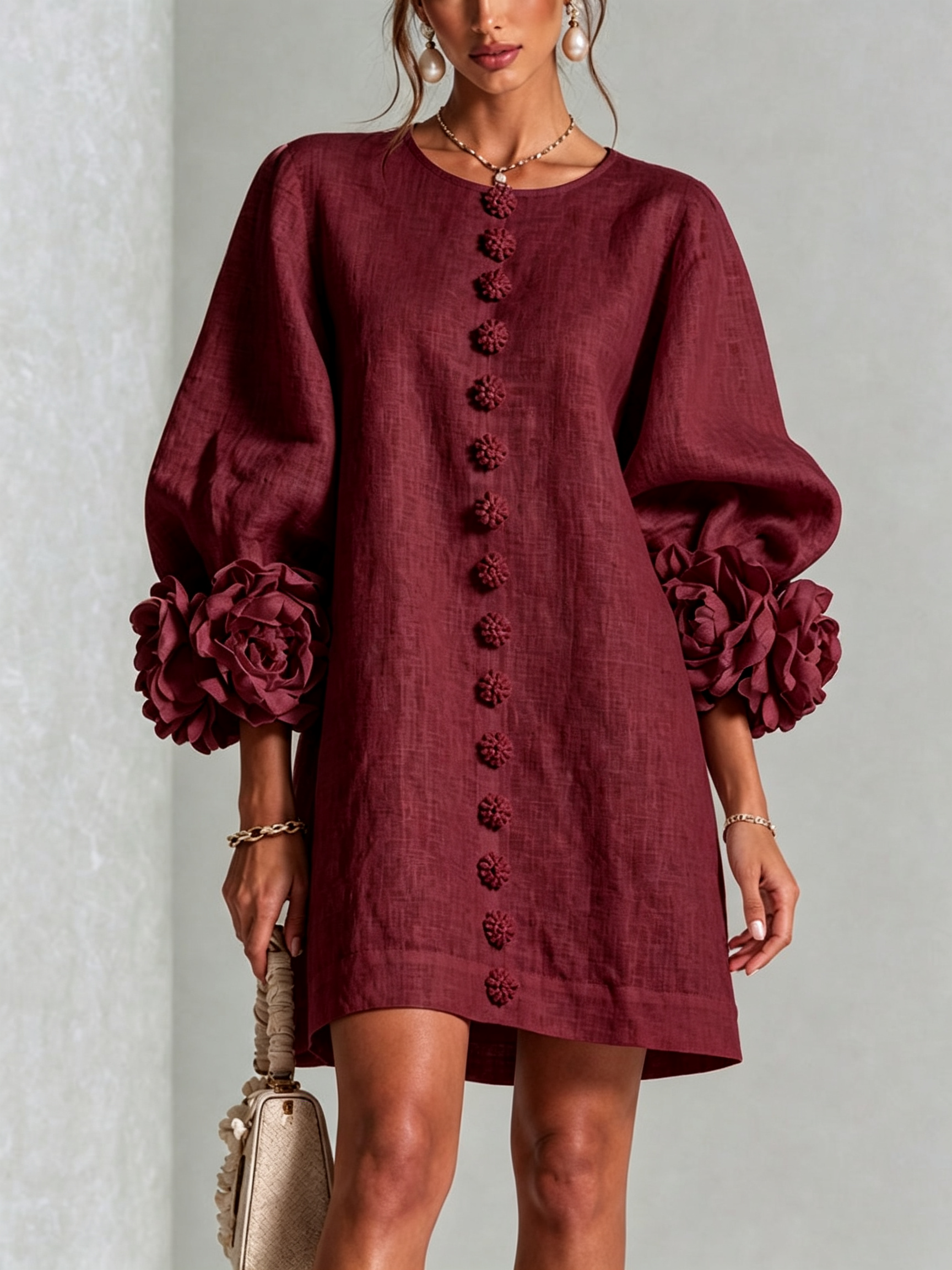 White Floral Button-down Mini Dress With Striking Floral Cuffs