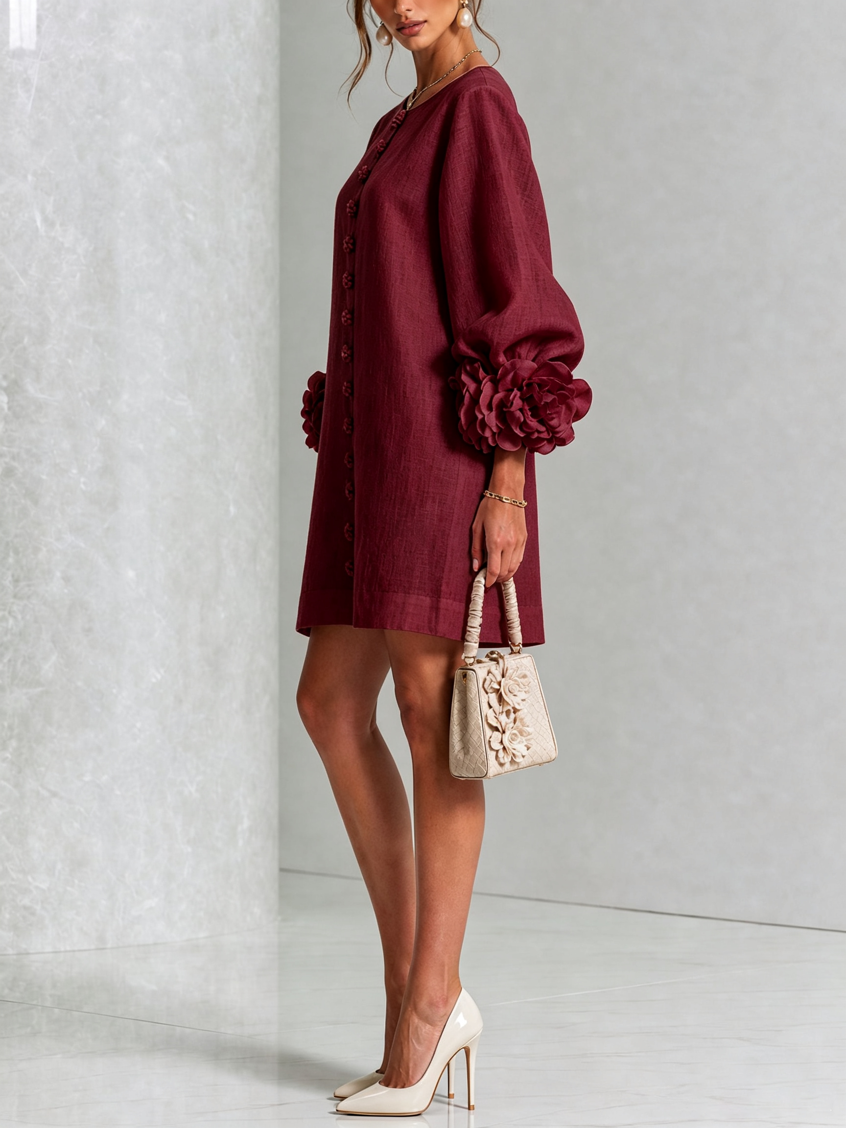 White Floral Button-down Mini Dress With Striking Floral Cuffs