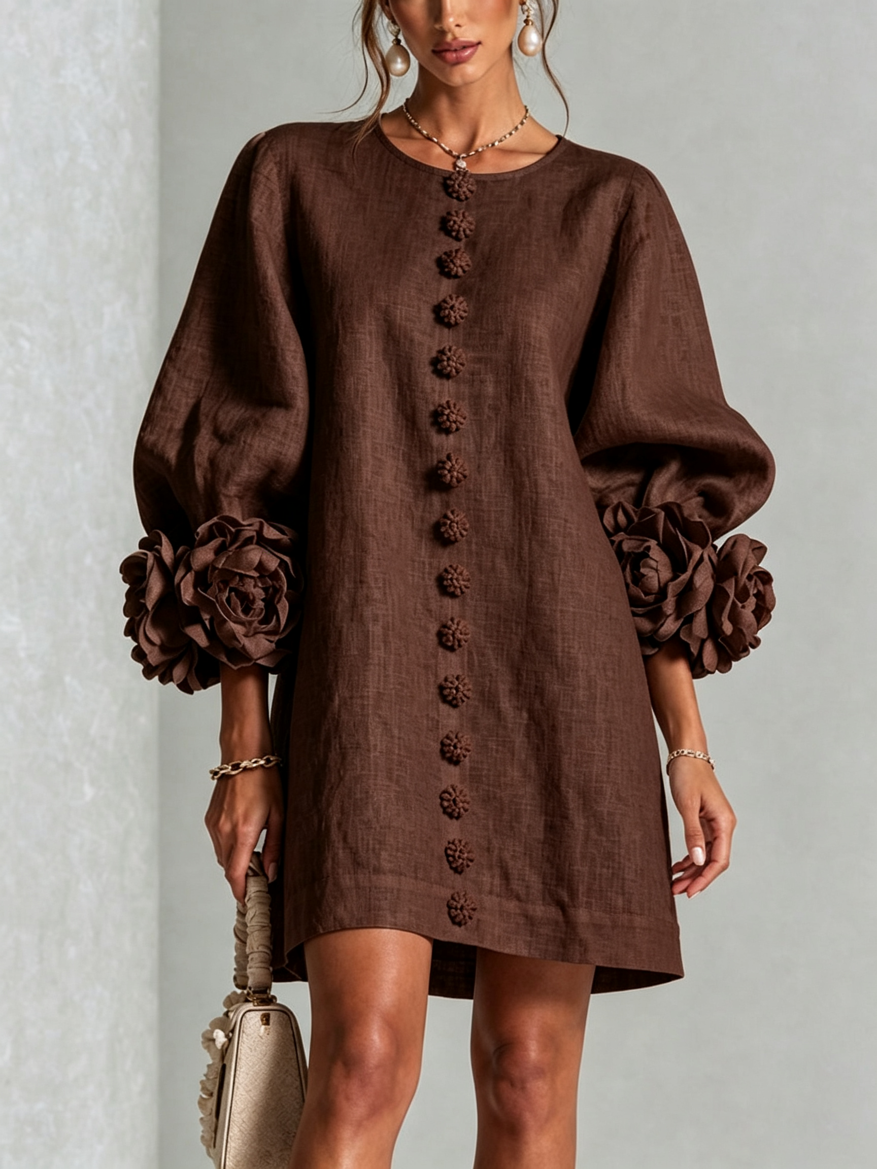 White Floral Button-down Mini Dress With Striking Floral Cuffs
