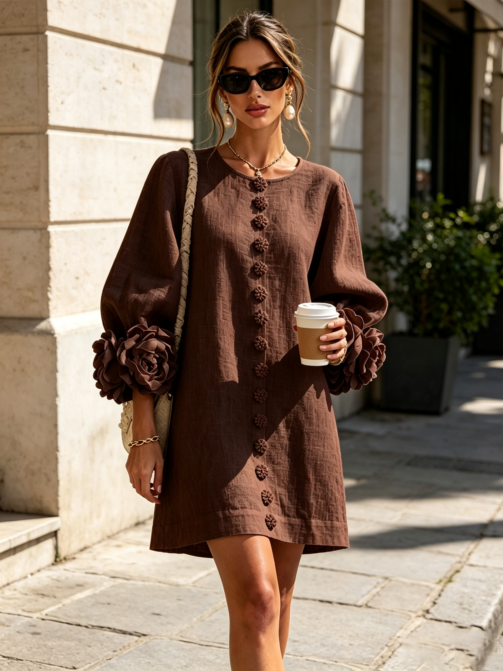 White Floral Button-down Mini Dress With Striking Floral Cuffs