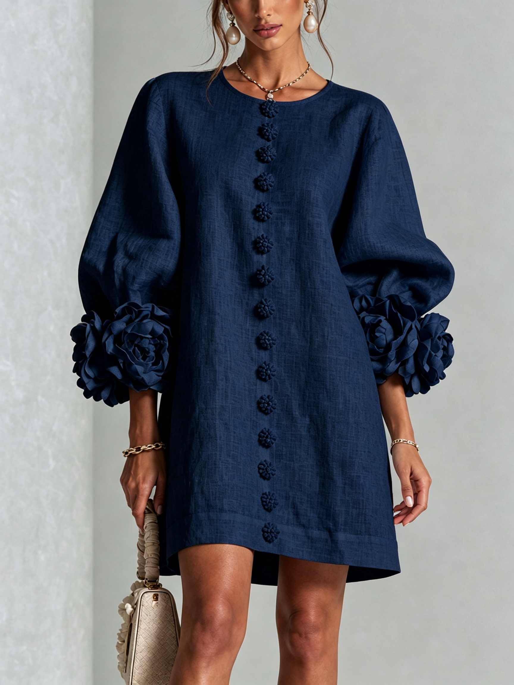White Floral Button-down Mini Dress With Striking Floral Cuffs