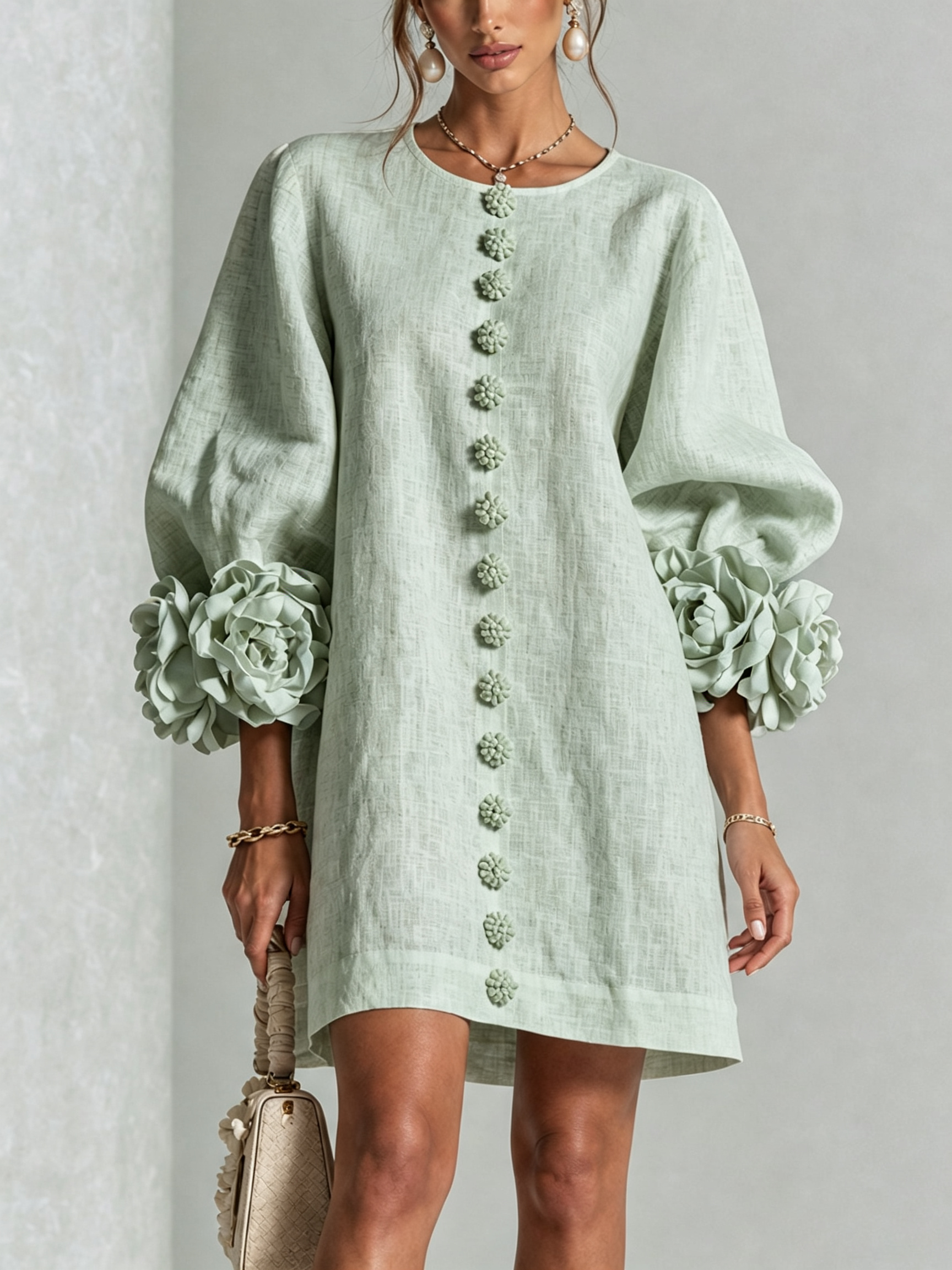 White Floral Button-down Mini Dress With Striking Floral Cuffs