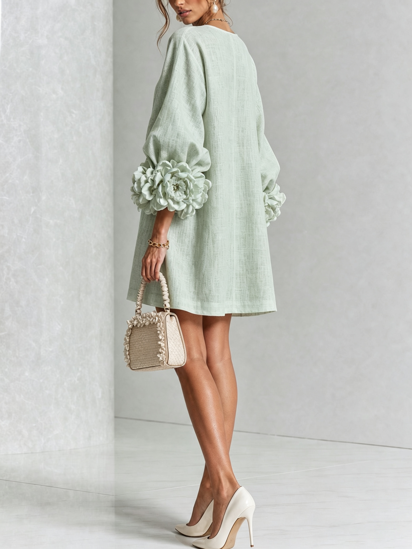 White Floral Button-down Mini Dress With Striking Floral Cuffs