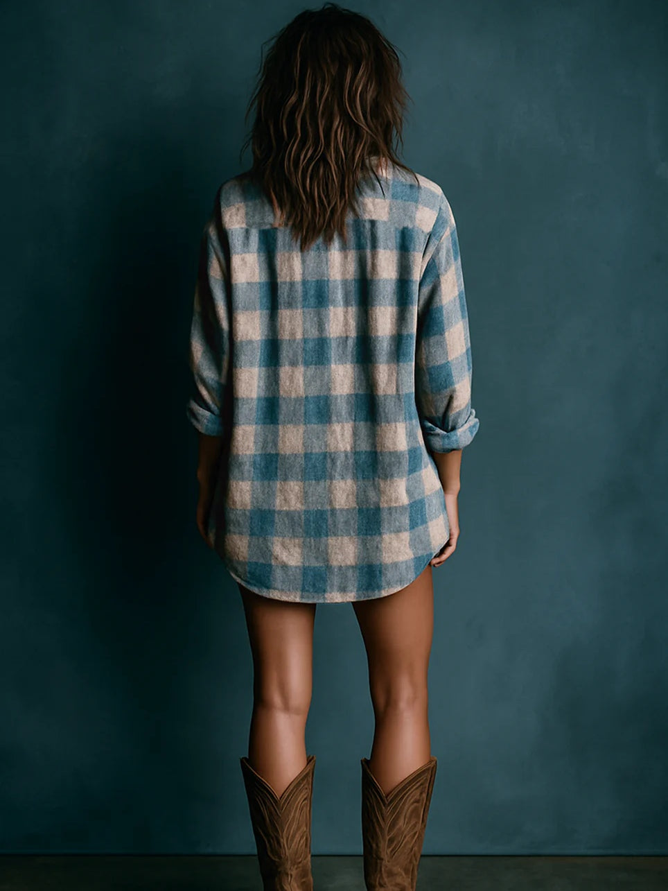 Long Sleeve Mini Dress with Blue and White Checkered Henley Collar