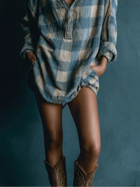 Long Sleeve Mini Dress with Blue and White Checkered Henley Collar