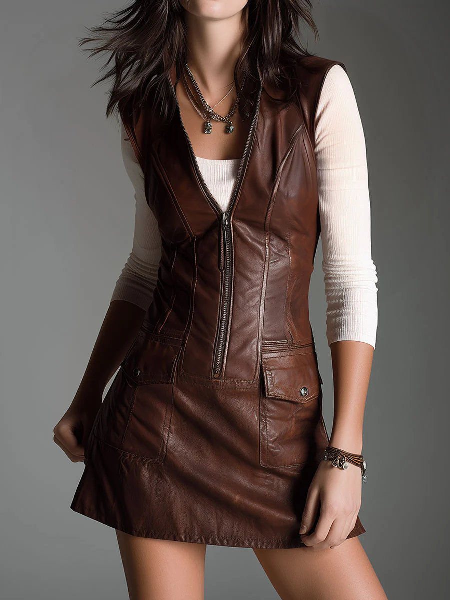 Mini Zip-Up Dress in Chocolate Brown Eco-Leather
