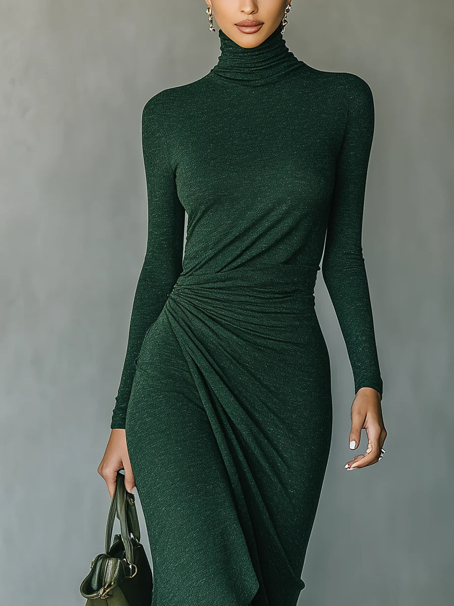 Marcella™ - Asymmetric wrap midi dress with pleats and high collar in dark green
